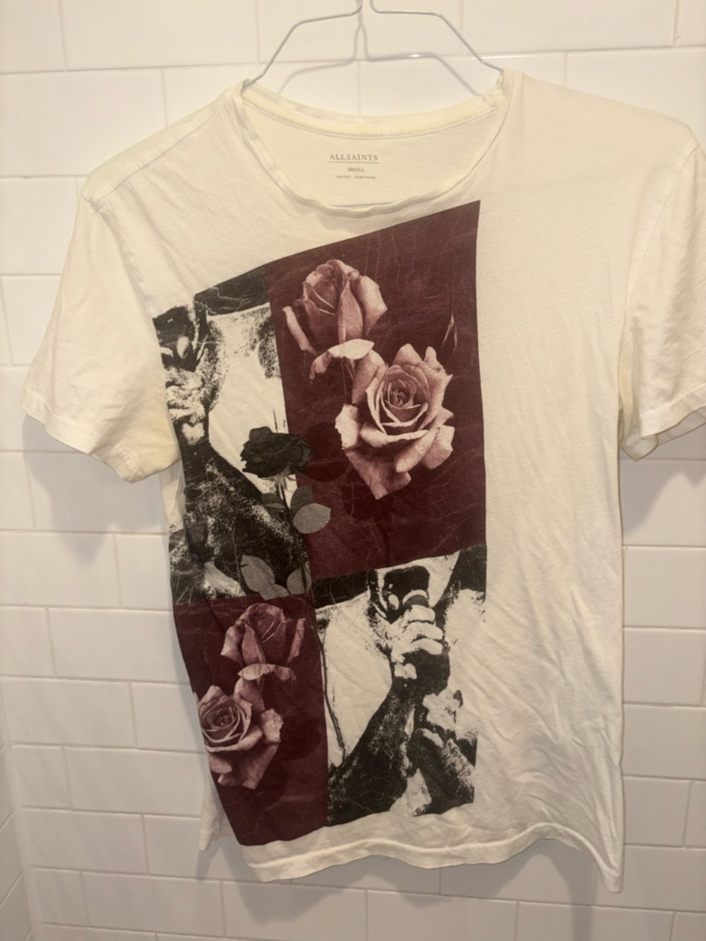 All Saints Cream Short-Sleeve Graphic Rose Panel Tee